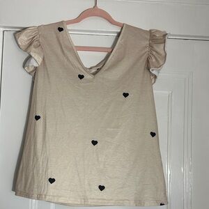 Women's Cream Heart Print Ruffle Sleeve Top